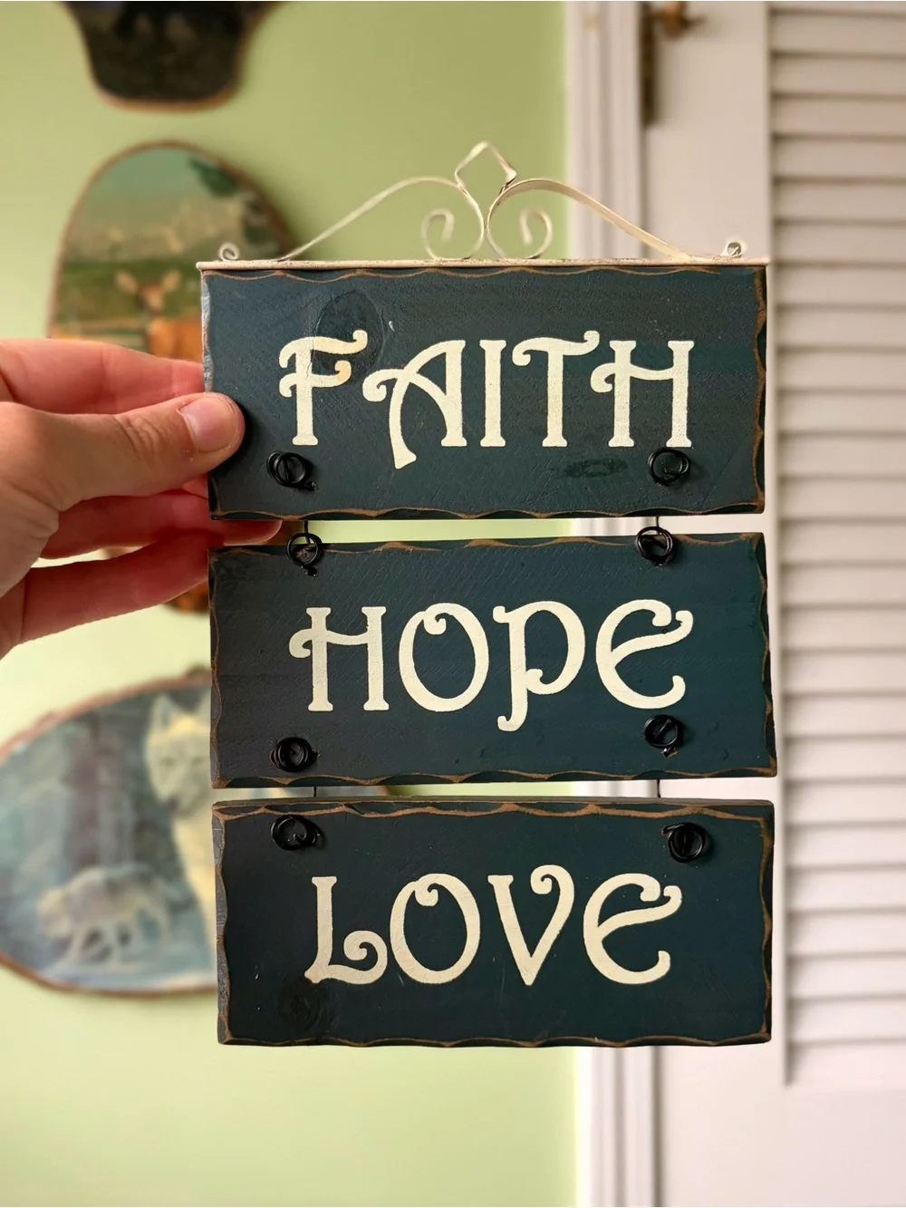 Rustic Faith Hope Love Wall Hanging - Teal Wooden Sign